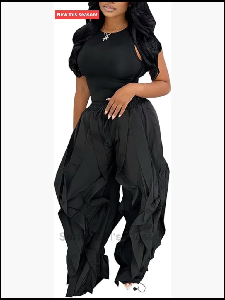 2 Piece Tank Top And Baggy Fringe Ruffle Pants Lounge Set
